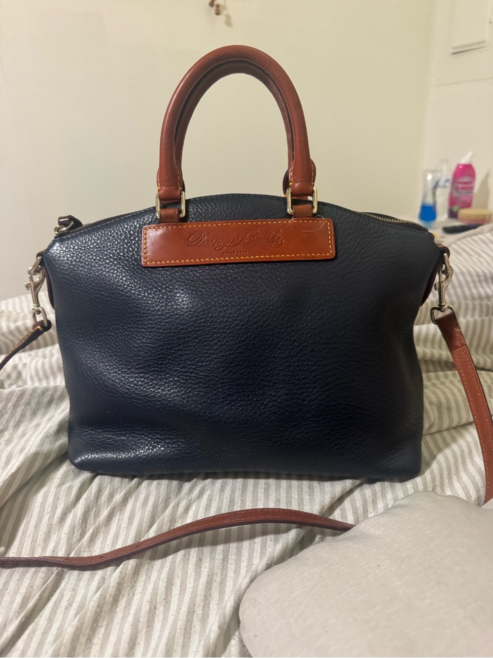 Dooney & Bourke Black Leather Satchel with Brown Trim
